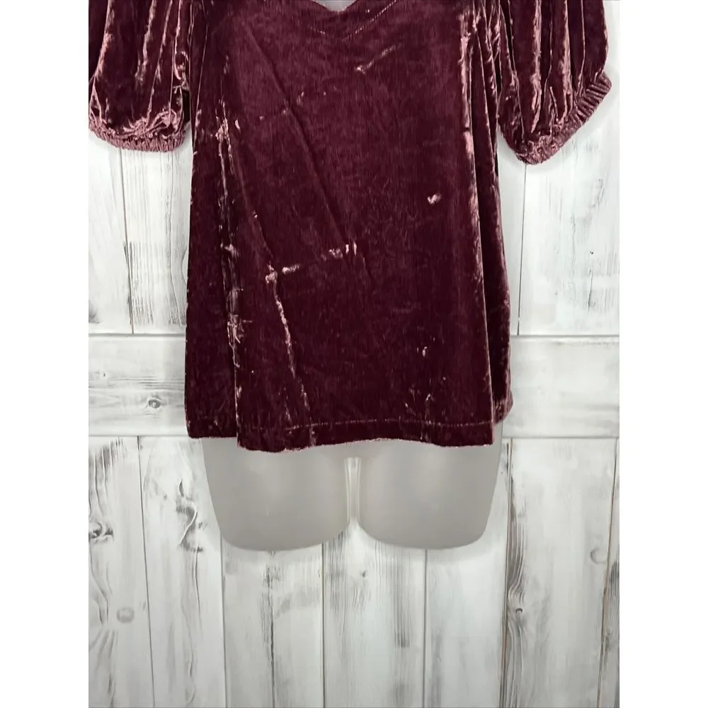 WOMENS‎ ANN TAYLOR LOFT PURPLE CRUSHED VELVET SHORT PUFF SLEEVE V-NECK TOP XS